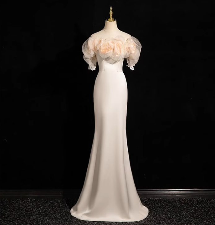 A-line off-the-shoulder satin tulle long prom dress, off-white formal dress HZ1024