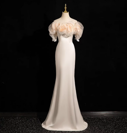 A-line off-the-shoulder satin tulle long prom dress, off-white formal dress HZ1024
