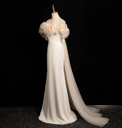 Off-white A-line off-the-shoulder satin tulle long prom dress, off-white formal dress ED01142