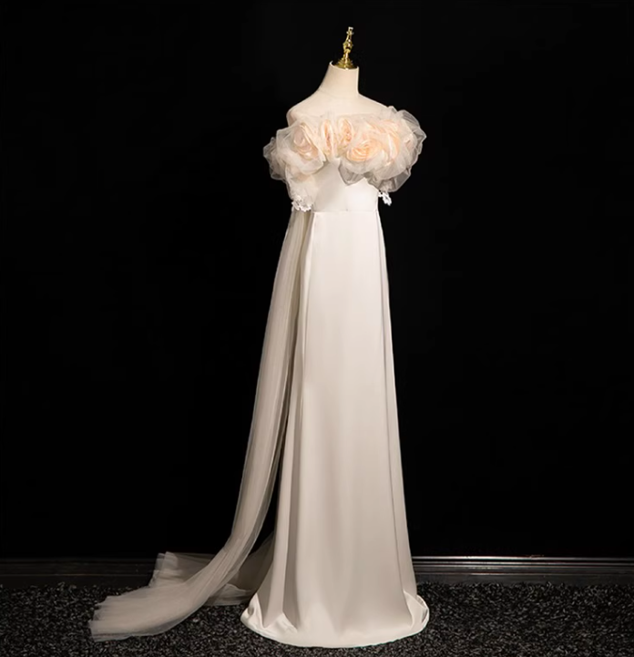 Off-white A-line off-the-shoulder satin tulle long prom dress, off-white formal dress ED01142