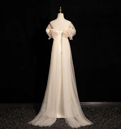 A-line off-the-shoulder satin tulle long prom dress, off-white formal dress HZ1024