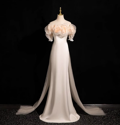 A-line off-the-shoulder satin tulle long prom dress, off-white formal dress HZ1024