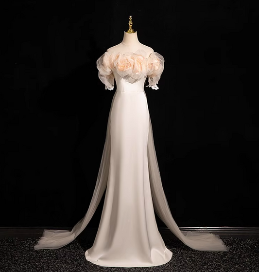 A-line off-the-shoulder satin tulle long prom dress, off-white formal dress HZ1024