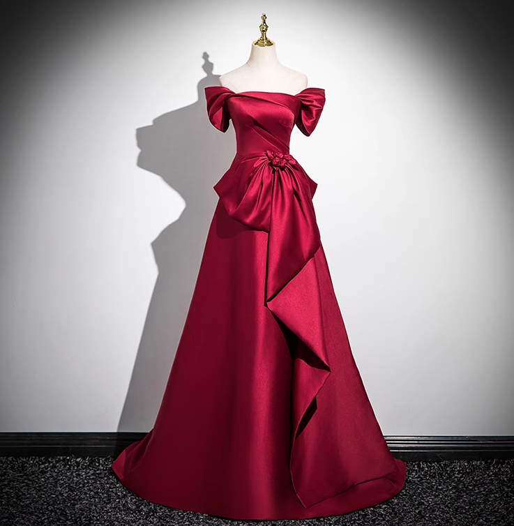 A-line off-the-shoulder satin long prom dress, burgundy formal long dress HZ1024
