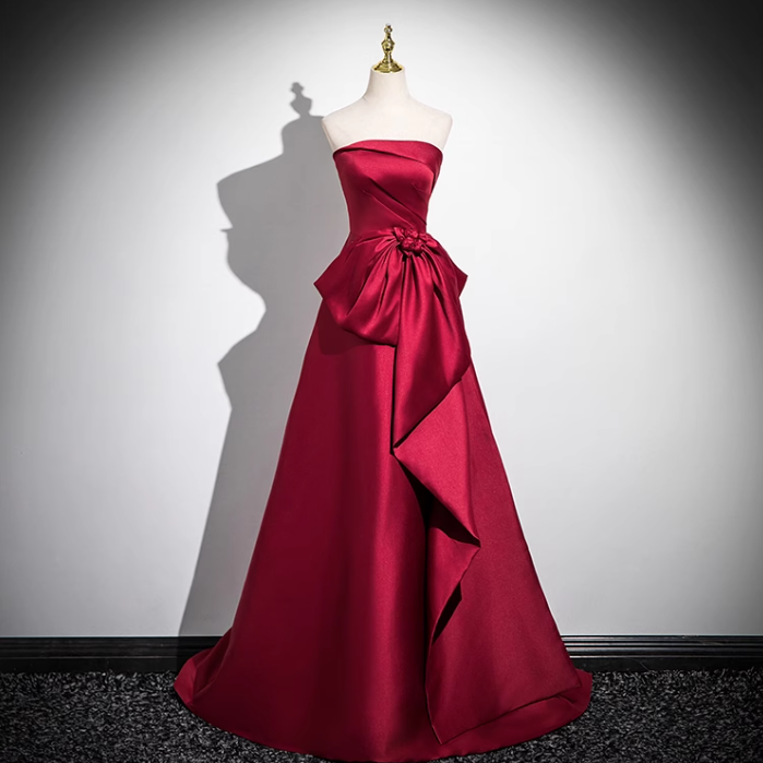 A-line off-the-shoulder satin long prom dress, burgundy formal long dress HZ1024