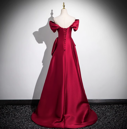 A-line off-the-shoulder satin long prom dress, burgundy formal long dress HZ1024