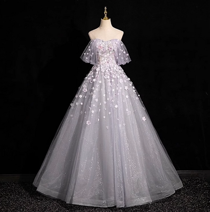 A-line sweetheart neck tulle sequin long prom dress, purple formal long dress HZ1024