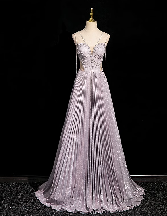 A-line V-neck Satin Rhinestone Long Prom Dress, Purple Formal Long Dress HZ1024