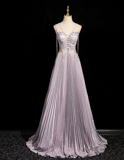A-line V-neck Satin Rhinestone Long Prom Dress, Purple Formal Long Dress HZ1024