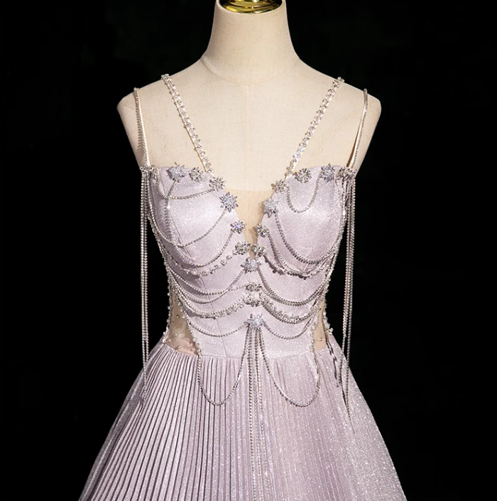 A-line V-neck Satin Rhinestone Long Prom Dress, Purple Formal Long Dress HZ1024
