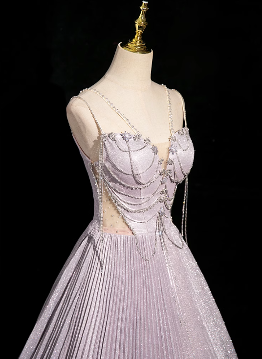A-line V-neck Satin Rhinestone Long Prom Dress, Purple Formal Long Dress HZ1024