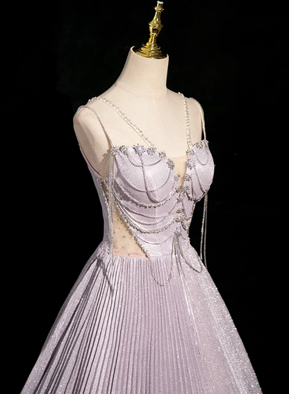 A-line V-neck Satin Rhinestone Long Prom Dress, Purple Formal Long Dress HZ1024