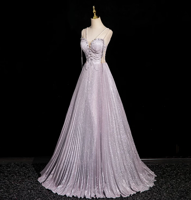 A-line V-neck Satin Rhinestone Long Prom Dress, Purple Formal Long Dress HZ1024
