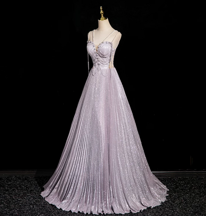 A-line V-neck Satin Rhinestone Long Prom Dress, Purple Formal Long Dress HZ1024