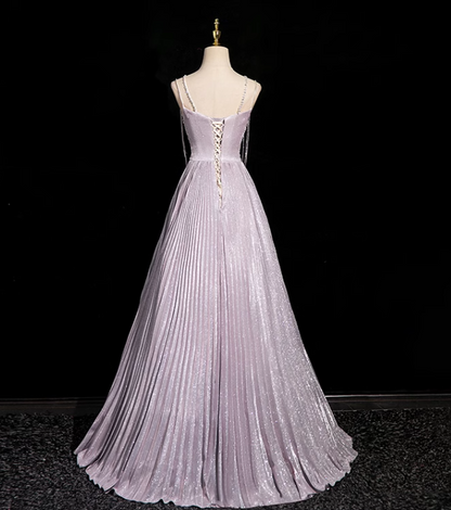 A-line V-neck Satin Rhinestone Long Prom Dress, Purple Formal Long Dress HZ1024