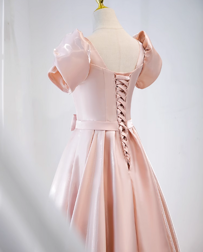 Pink A-line V-neck satin long prom dress, pink formal long dress ED01148