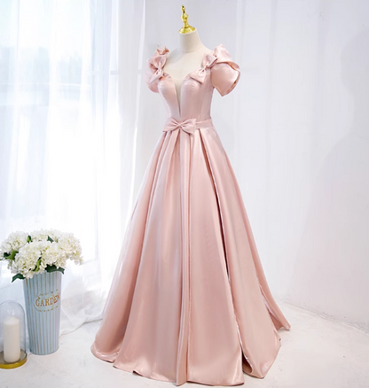 A-line V-neck satin long prom dress, pink formal long dress HZ1024
