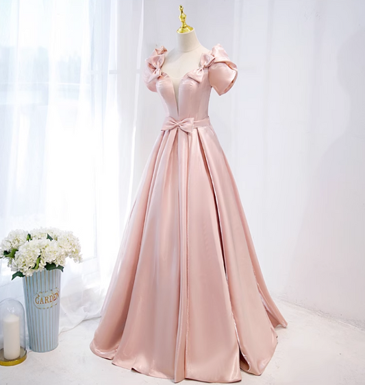 A-line V-neck satin long prom dress, pink formal long dress HZ1024