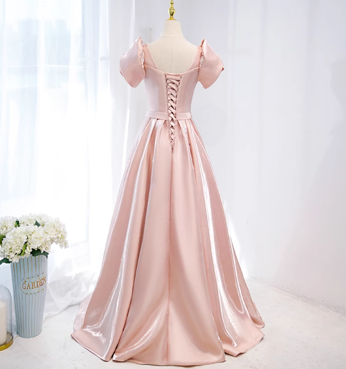 A-line V-neck satin long prom dress, pink formal long dress HZ1024