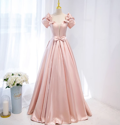 A-line V-neck satin long prom dress, pink formal long dress HZ1024