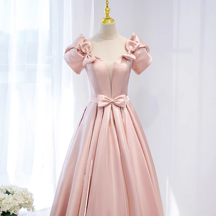 A-line V-neck satin long prom dress, pink formal long dress HZ1024