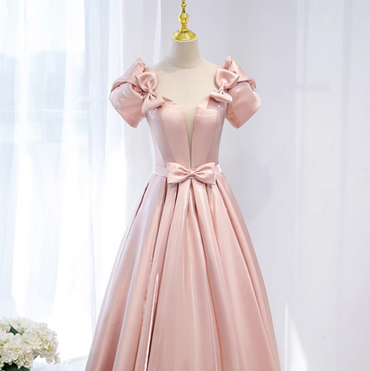 A-line V-neck satin long prom dress, pink formal long dress HZ1024