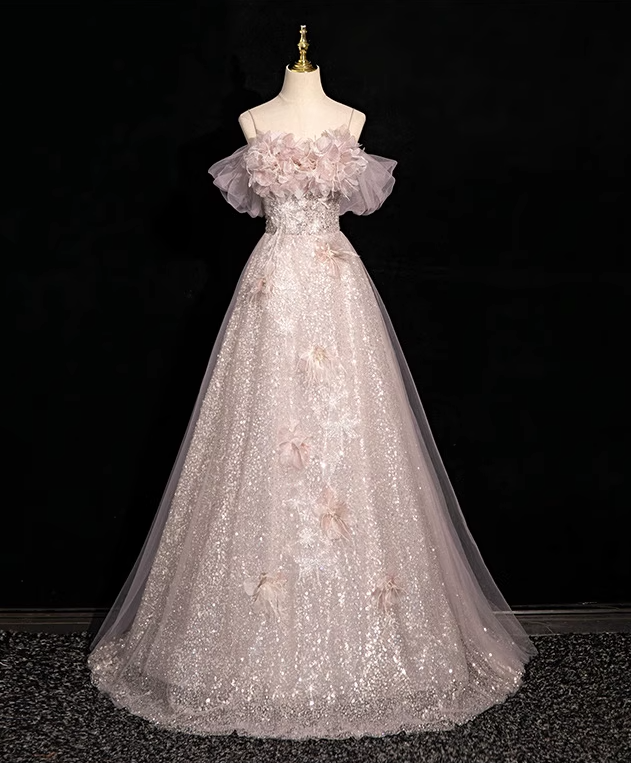 A-line off-shoulder sequined tulle long prom dress, pink formal long dress HZ1024