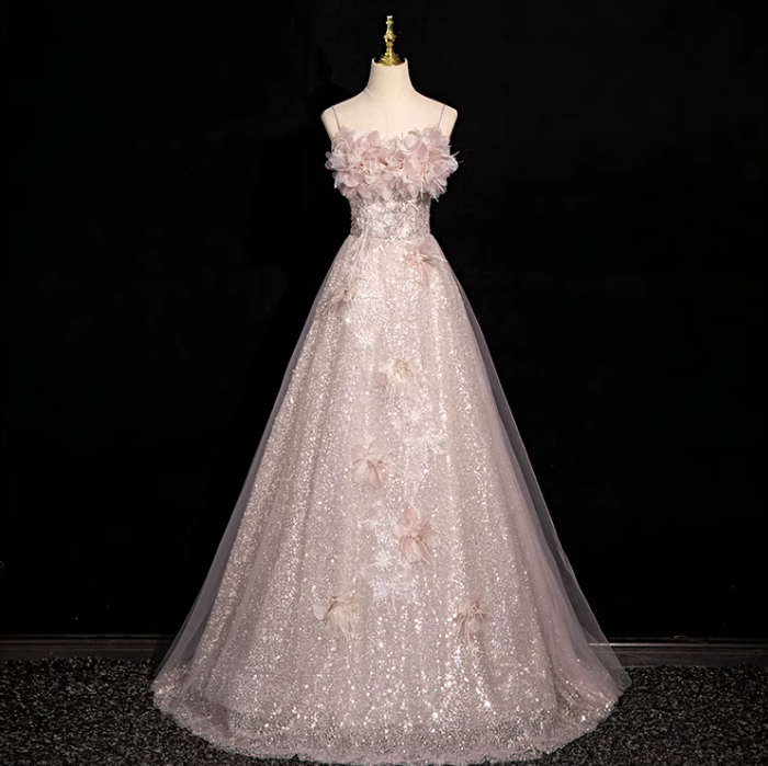 A-line off-shoulder sequined tulle long prom dress, pink formal long dress HZ1024