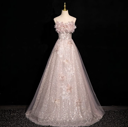 A-line off-shoulder sequined tulle long prom dress, pink formal long dress HZ1024