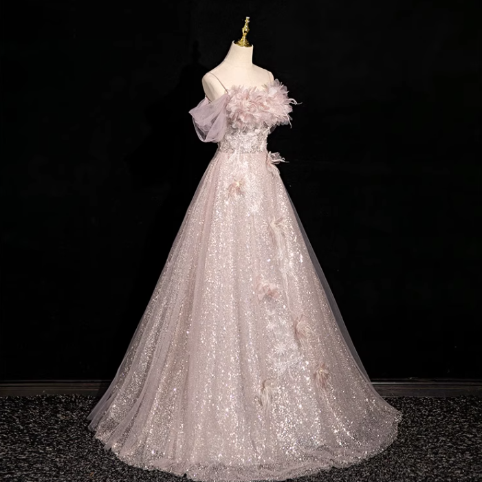 A-line off-shoulder sequined tulle long prom dress, pink formal long dress HZ1024