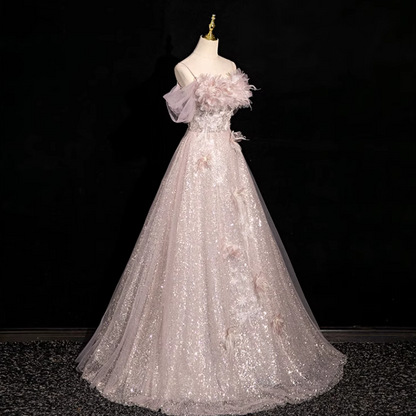 A-line off-shoulder sequined tulle long prom dress, pink formal long dress HZ1024