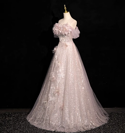A-line off-shoulder sequined tulle long prom dress, pink formal long dress HZ1024