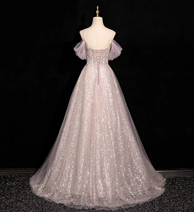 A-line off-shoulder sequined tulle long prom dress, pink formal long dress HZ1024
