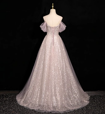 A-line off-shoulder sequined tulle long prom dress, pink formal long dress HZ1024