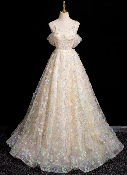A-line sweetheart neck tulle beaded long prom dress, champagne formal long dress HZ1024