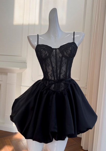 A-line Sweetheart Neck Lace Satin Short Prom Dress, Black Homecoming Dress HZ1024