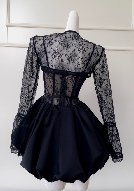 Black A-line Sweetheart Neck Lace Satin Short Prom Dress, Black Homecoming Dress ED01153