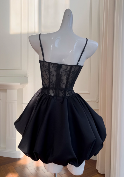 A-line Sweetheart Neck Lace Satin Short Prom Dress, Black Homecoming Dress HZ1024