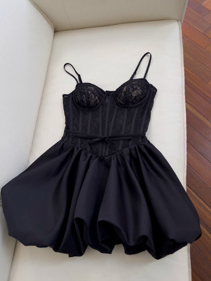A-line Sweetheart Neck Lace Satin Short Prom Dress, Black Homecoming Dress HZ1024