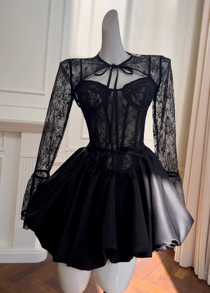 A-line Sweetheart Neck Lace Satin Short Prom Dress, Black Homecoming Dress HZ1024