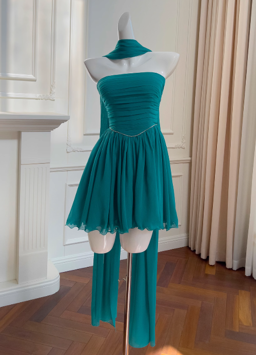 blue A-line strapless chiffon short prom dress, lake blue homecoming dress HZ1024