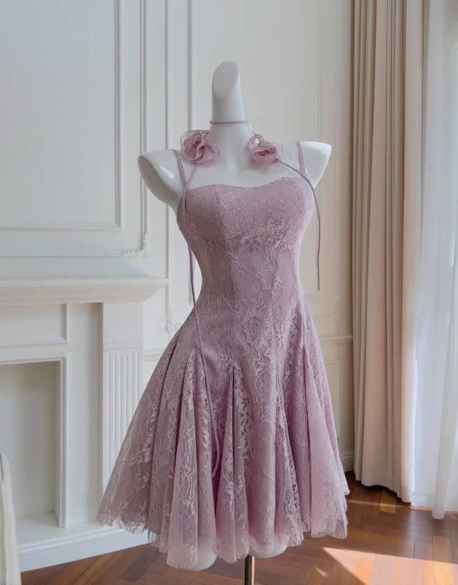 Light purple A-line spaghetti strap lace short prom dress, purple homecoming dress ED01155