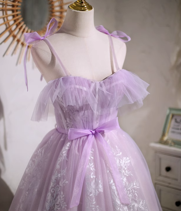A-line sweetheart neckline tulle lace short prom dress, purple homecoming dress HZ1024