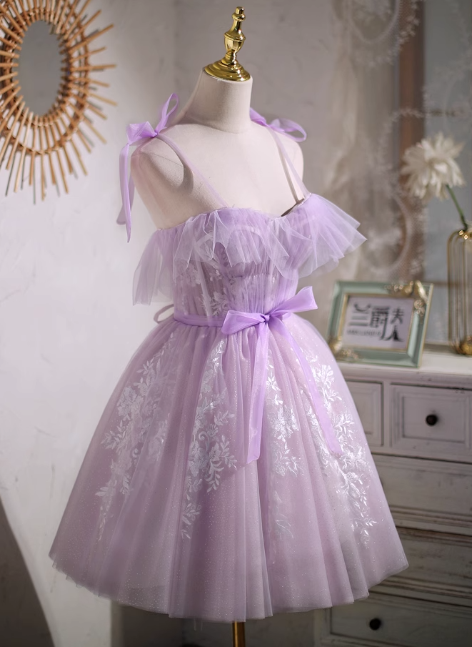 A-line sweetheart neckline tulle lace short prom dress, purple homecoming dress HZ1024