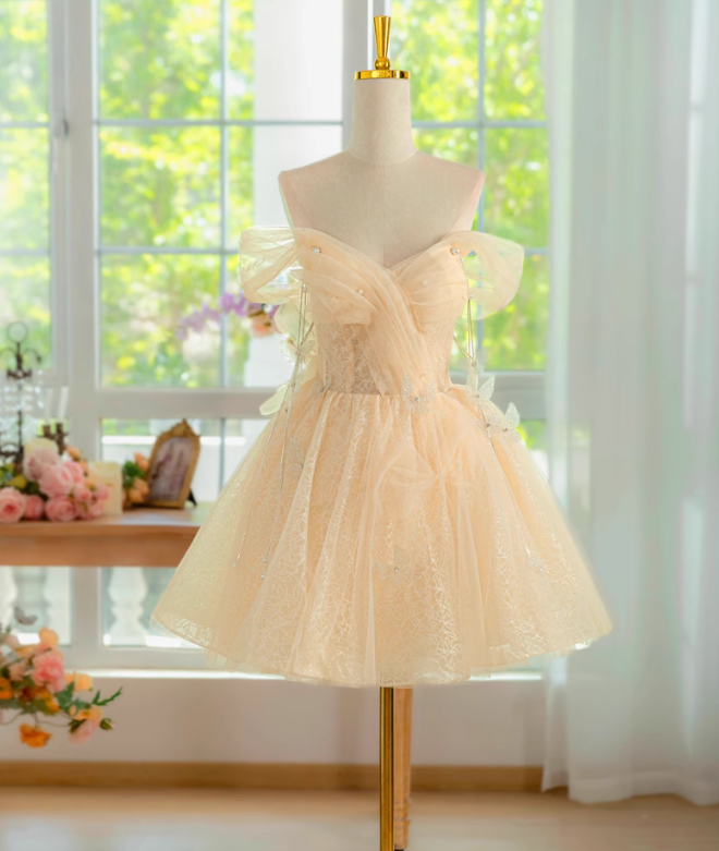 A-line off shoulder tulle lace short prom dress, champagne homecoming dress HZ1024