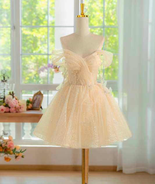 A-line off shoulder tulle lace short prom dress, champagne homecoming dress HZ1024