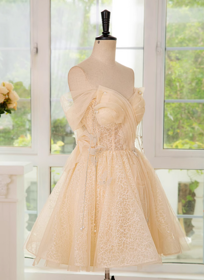 A-line off shoulder tulle lace short prom dress, champagne homecoming dress HZ1024