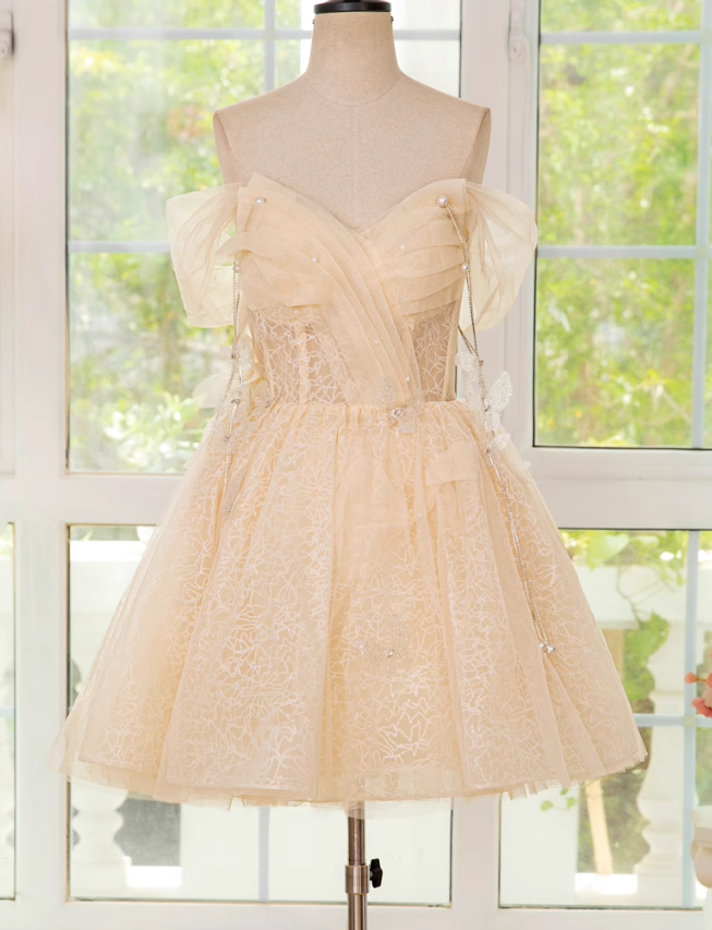 A-line off shoulder tulle lace short prom dress, champagne homecoming dress HZ1024