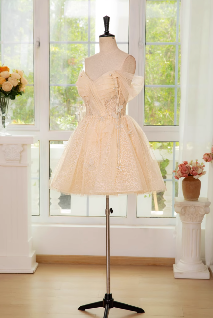 A-line off shoulder tulle lace short prom dress, champagne homecoming dress HZ1024