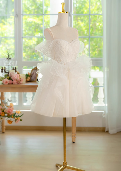 A-line off-the-shoulder tulle lace short prom dress, white homecoming dress HZ1024